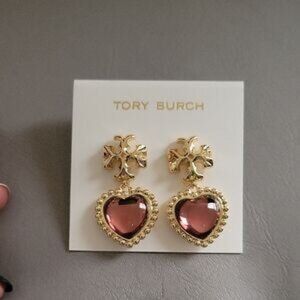 Tory Burch Gold and Pink Floral Heart Earrings
